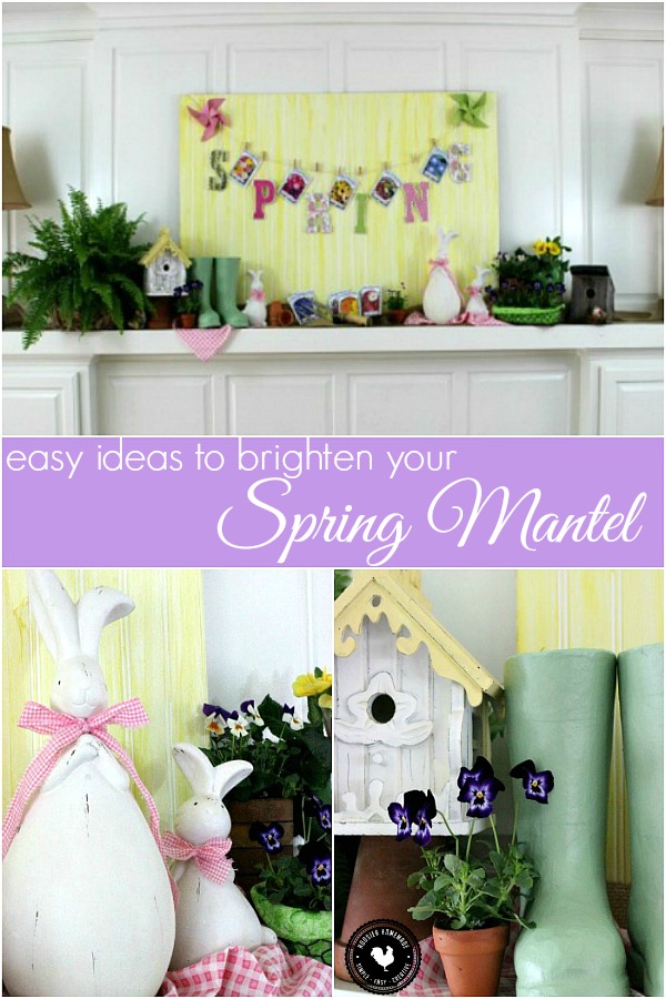 Brighten your Spring Mantel with these easy ideas! Add a bit of color with fresh plants! And a bit of whimsy with cute bunnies! Pin to your Decorating Board!