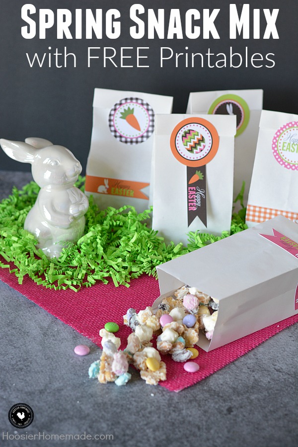 Whip up this Spring Snack Mix in minutes! Add it to bags with the FREE Printables for a quick and easy gift! Make a batch of Bunny Bait for Easter or take to a party!