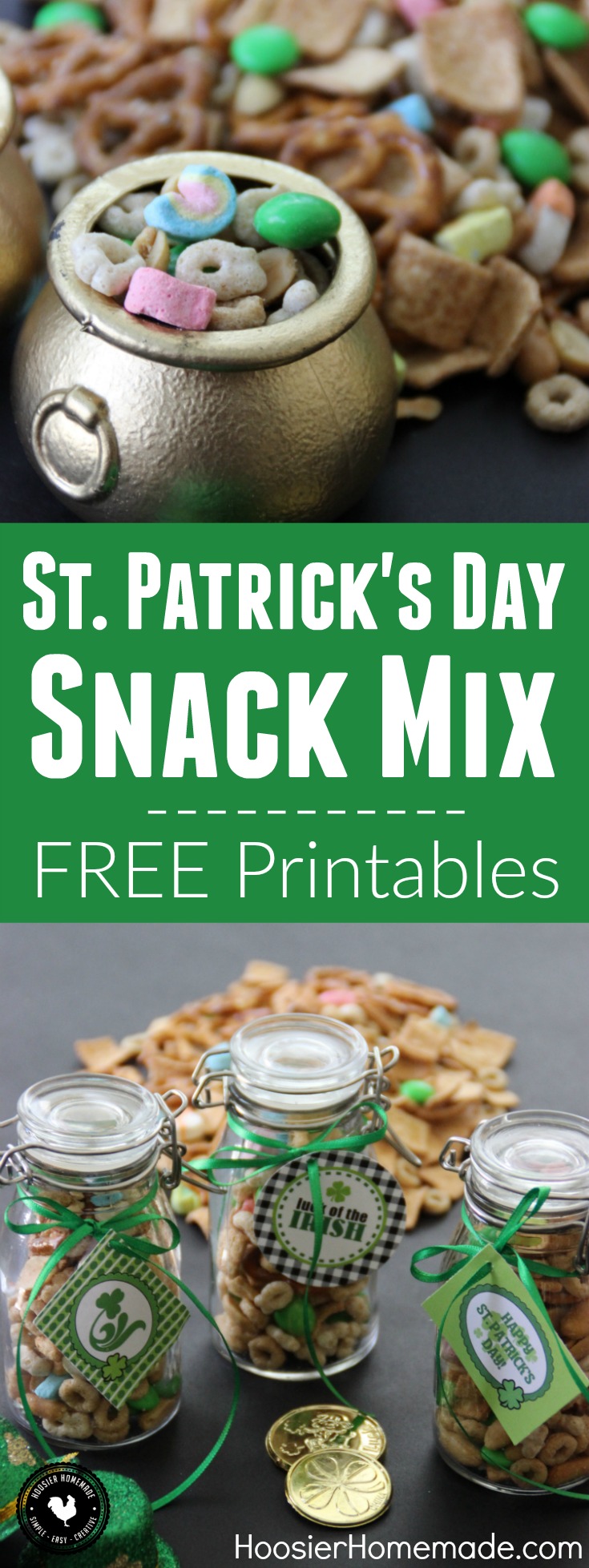 This Snack Mix for St. Patrick's Day makes the perfect little gift! Add a FREE St. Patrick's Day Printable Tag! Simple ingredients for this fun snack that kids of all ages will love!