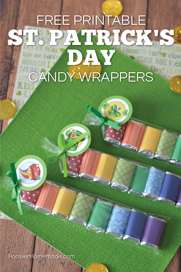 St. Patrick's Day Candy Wrapper - create a fun little treat for St. Patrick's Day with these candy bars wrapped in rainbow colors and tied with a FREE Printable St. Patrick's Day Tag! 