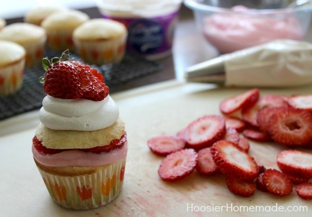 Strawberry Shortcake Cupcakes :: Recipe on HoosierHomemade.com