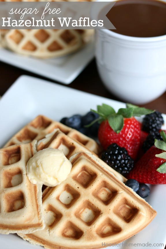 Sugar Free Hazelnut Waffles - a light fluffy waffle with delicious Hazelnut flavor. You will never know they are Sugar Free! Pin to your Recipe Board!