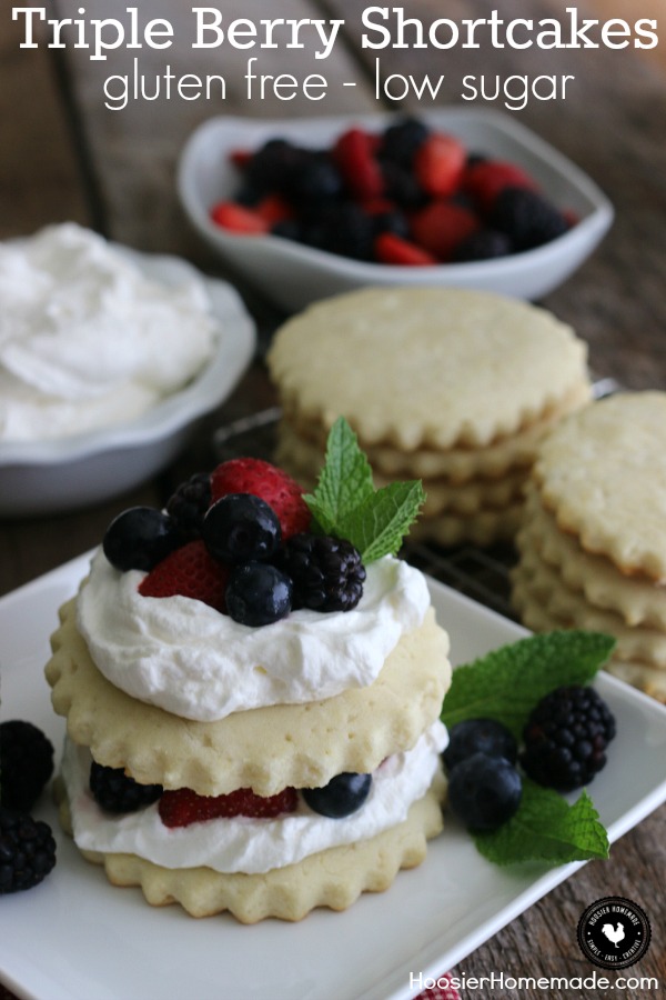 The perfect Summertime dessert - Strawberry Shortcakes - have been made healthier with gluten-free and low sugar, and the addition of Blackberries and Blueberries for even more goodness! Click on the photo for the Gluten Free Triple Berry Shortcake Recipe!