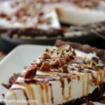 Turtle Pie : Chocolate Cake Mix Pie Crust filled with No Bake Cream Cheese filling, and topped with caramel, hot fudge and pecans! Recipe on HoosierHomemade.com