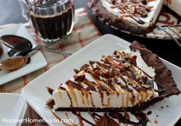 Turtle Pie : Chocolate Cake Mix Pie Crust filled with No Bake Cream Cheese filling, and topped with caramel, hot fudge and pecans! Recipe on HoosierHomemade.com