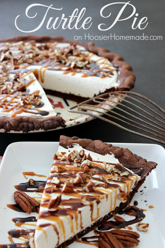 Turtle Pie : Chocolate Cake Mix Pie Crust filled with No Bake Cream Cheese filling, and topped with caramel, hot fudge and pecans! Recipe on HoosierHomemade.com