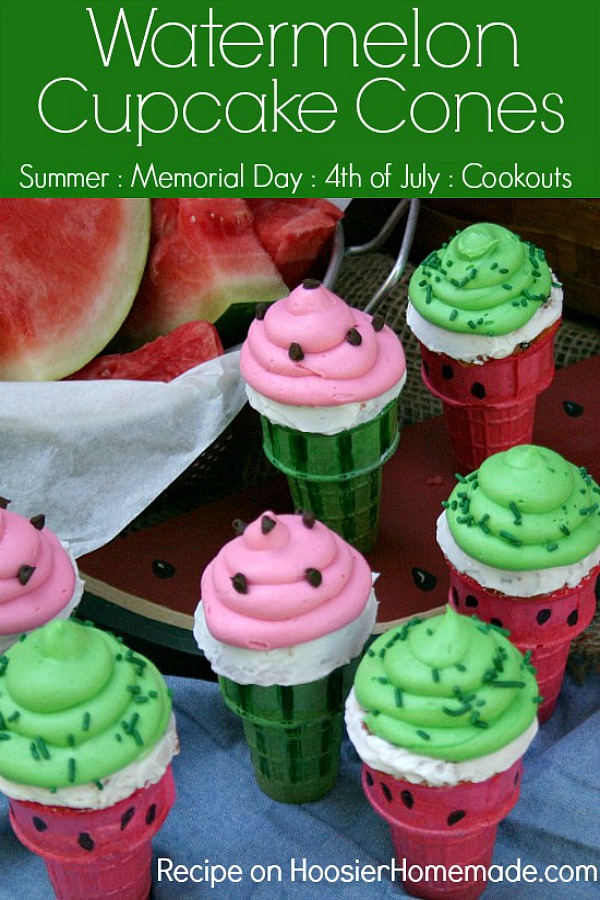 Watermelon Cupcake Cones | Watermelon flavored Cupcakes baked right in the Ice Cream Cones, makes a fun treat for Summer time! 