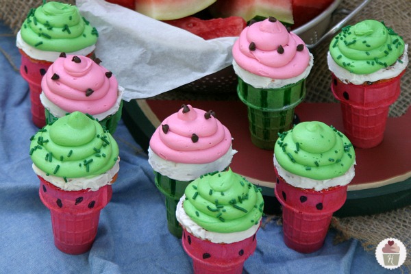 Watermelon Cupcakes Baked in Ice Cream Cones on HoosierHomemade.com
