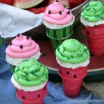 Watermelon Cupcake Cones | Watermelon flavored Cupcakes baked right in the Ice Cream Cones, makes a fun treat for Summer time! Recipe on HoosierHomemade.com