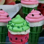 Watermelon Cupcake Cones | Watermelon flavored Cupcakes baked right in the Ice Cream Cones, makes a fun treat for Summer time! Recipe on HoosierHomemade.com