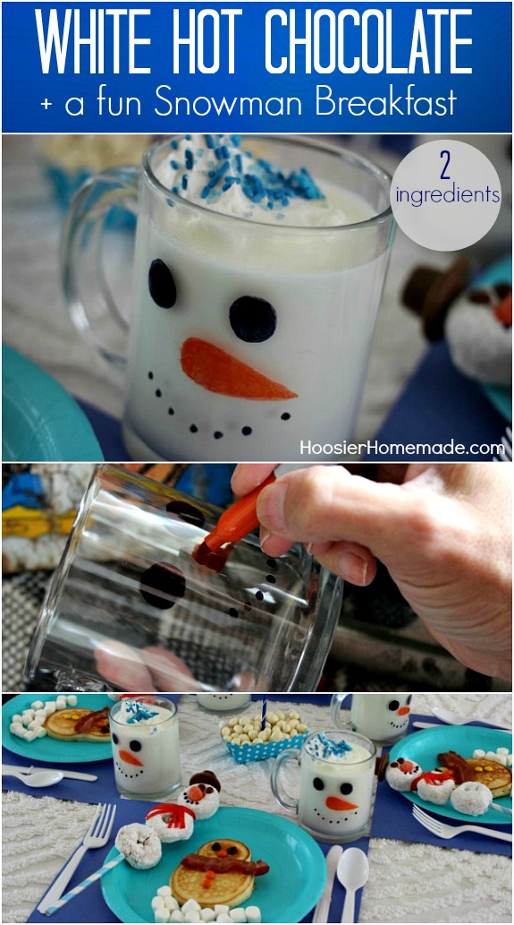 Whip up a batch of this White Hot Chocolate with just 2 ingredients! AND create fun Snowman Mugs in minutes! Pin to your Recipe Board!