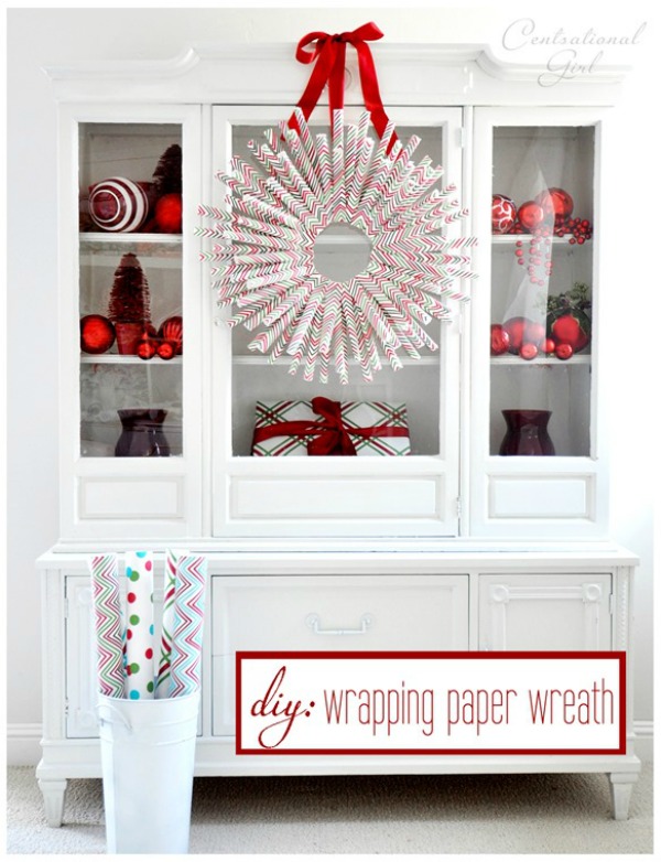 Just a few simple supplies is all you need to create this fun Wrapping Paper Wreath for your Christmas Decorating! Visit our 100 Days of Homemade Holiday Inspiration for more recipes, decorating ideas, crafts, homemade gift ideas and much more!
