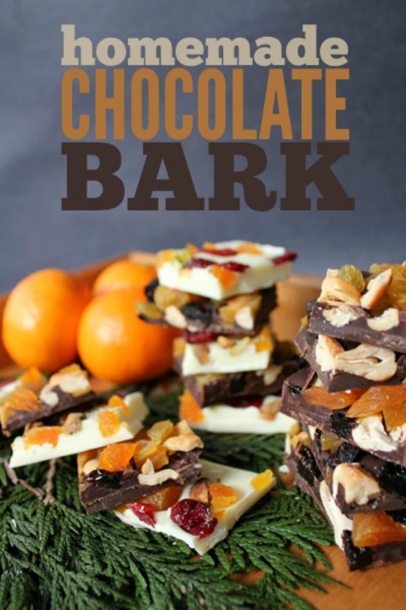 Delicious Homemade Chocolate Bark with dried fruit and nuts! Perfect for your Christmas gift giving! Pin to your Christmas Board!