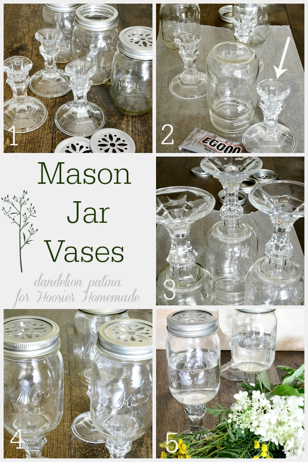 Create your own mason jar vases with 5 simple steps. These mason jar vases add farmhouse style to your space and do not break the budget. Create yours today! Project via Dandelion Patina for Hoosier Homemade