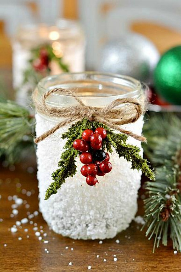 ONLY 3 supplies are all you need to make these gorgeous Snowy Mason Jars! They are perfect for a quick and easy holiday gift! Visit our 100 Days of Homemade Holiday Inspiration for more recipes, decorating ideas, crafts, homemade gift ideas and much more!