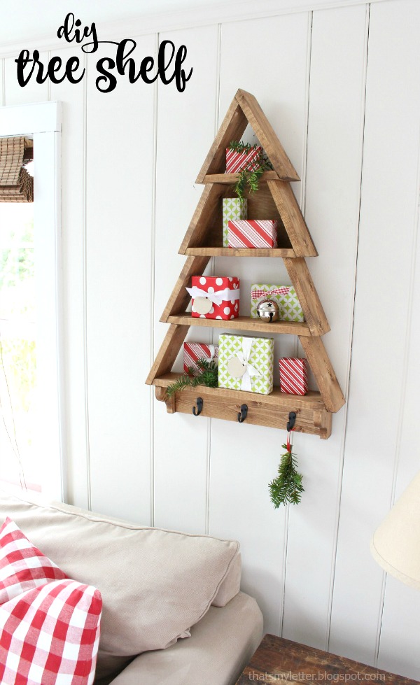 This DIY Tree Shelf is perfect for displaying presents, Christmas cards or stockings! Plus it is so cute!