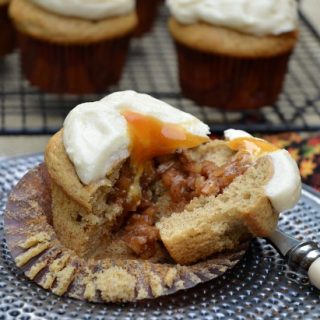 Apple Stuffed Cinnamon Cupcakes with Caramel Frosting