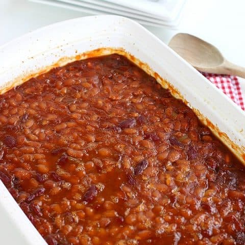 Baked Beans in white pan