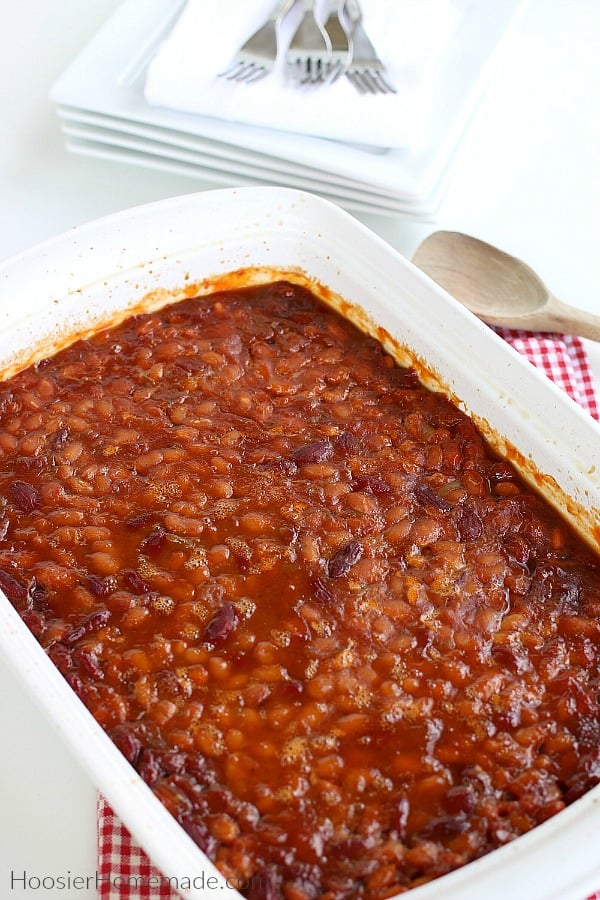 Baked Beans in white pan