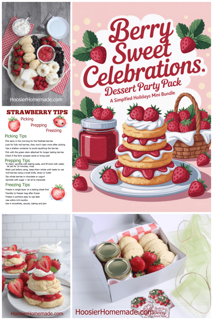 Collage featuring the Berry Sweet Celebrations Kit with a strawberry dessert board, strawberry shortcakes, printable gift tags, freezer jam gift box, and a tips sheet for picking and freezing strawberries.