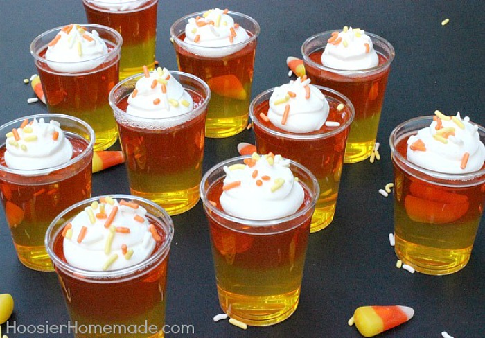 CANDY CORN JELLO SHOTS -- Make these fun Jello Shots with or without alcohol! Both recipes available! Layer the colors to look like candy corn! It's a fun Fall treat!
