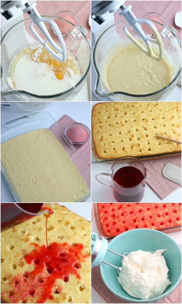 A step by step photo collage of cherry poke cake being made.