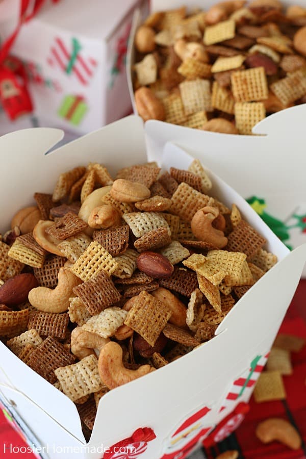 Snack Mix for Christmas in decorated boxes