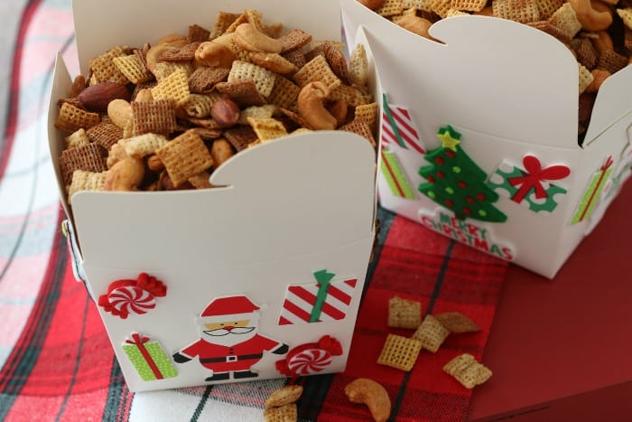 Chex Mix in a decorated take out box