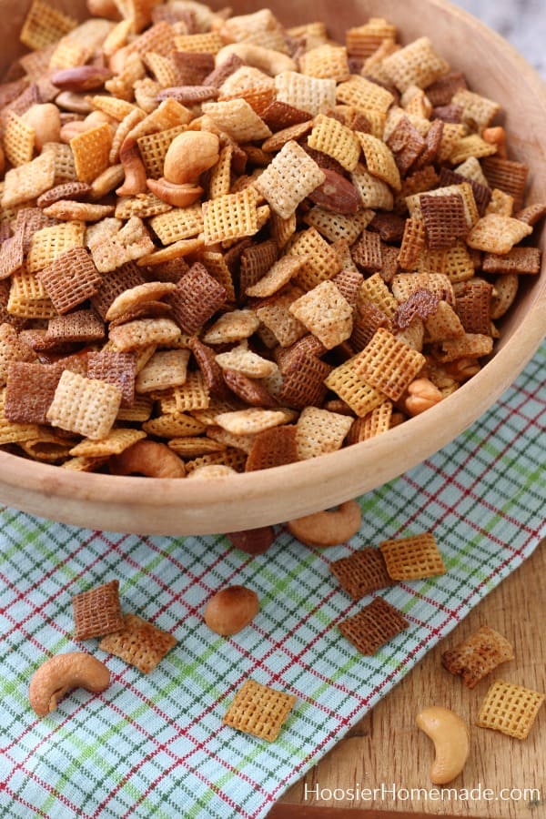 Chex Mix Recipe in wood bowl