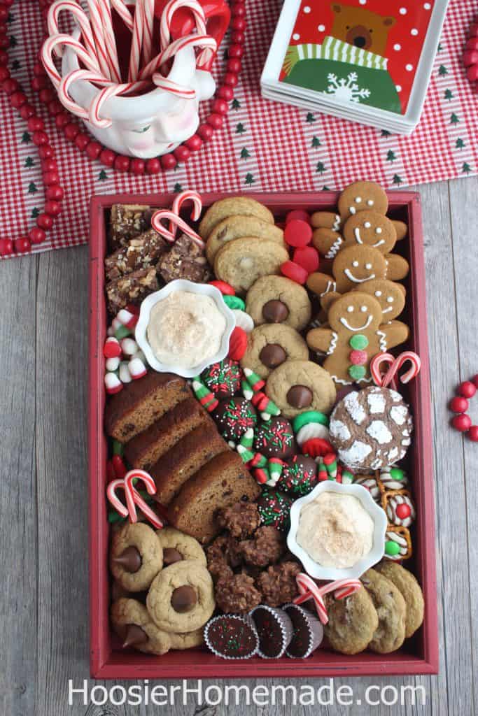 red box filled with Christmas cookies and candy