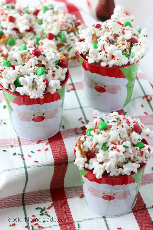 Christmas Popcorn in Santa Buckets with sprinkles