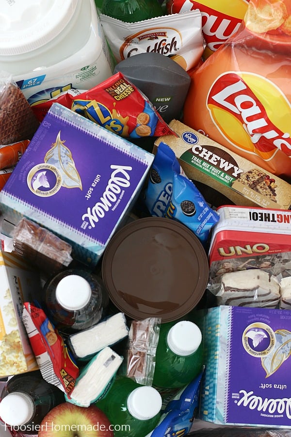 Basket filled with treats and essentials for college student