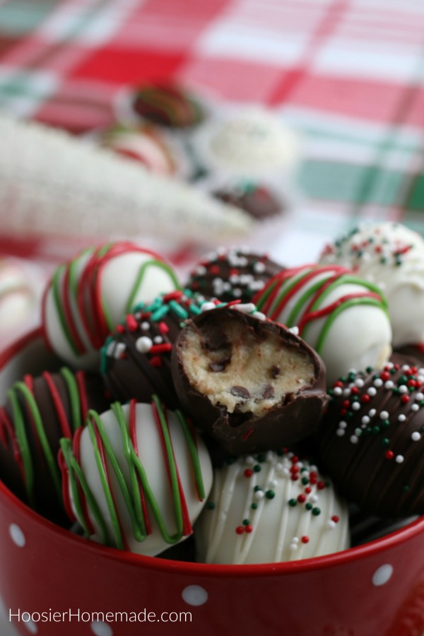 Cookie Dough Truffles decorated for Christmas in a red bowl