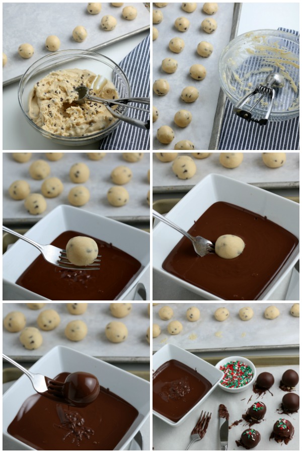 Dipping Cookie Dough Truffles in chocolate