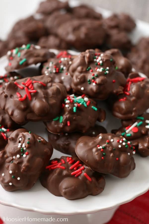 Crock pot Candy on white cake stand