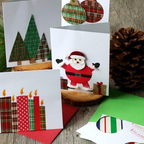 Christmas Card with ornaments, Santa, trees and candles