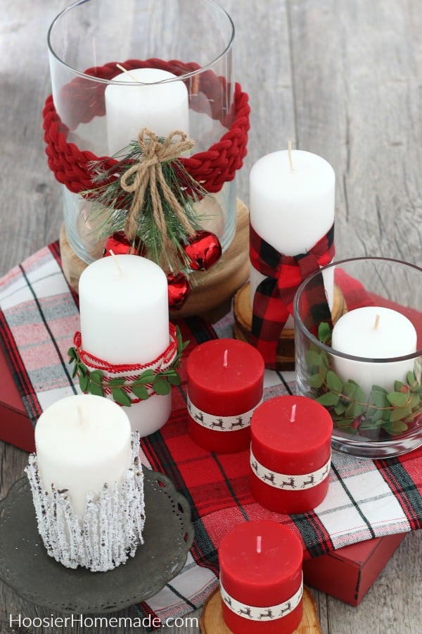 Decorated candles on table