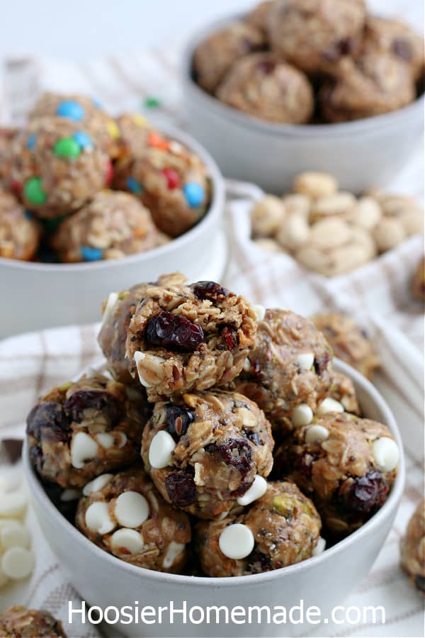 energy balls in gray bowl with tan napkin 