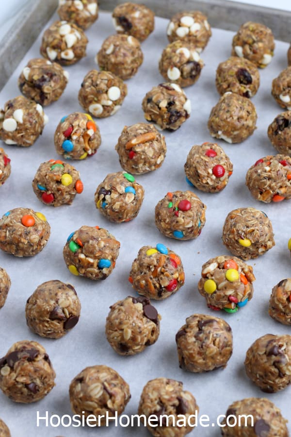 energy balls with mix ins on a pan 