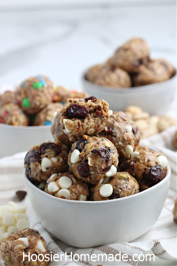 energy balls in gray bowl with tan napkin 