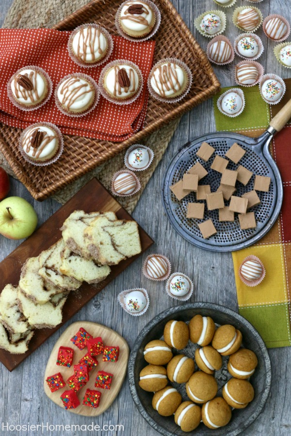 Fall Dessert Table wtih cupcakes, pumpkin whoopie pies, quick bread and caramel fudge 