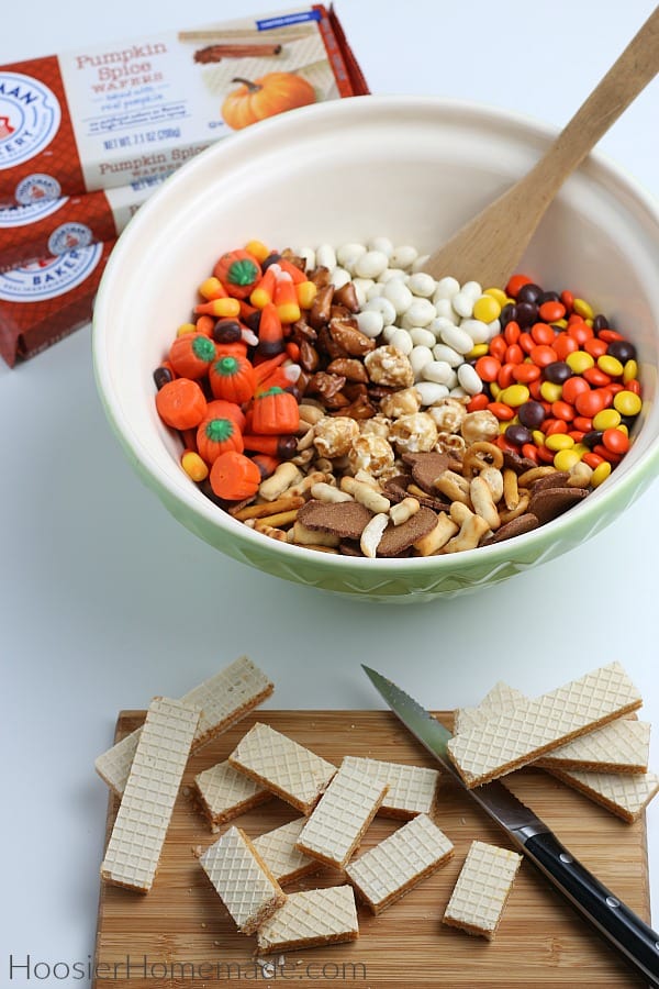 Cutting pumpkin wafers for fall snack mix