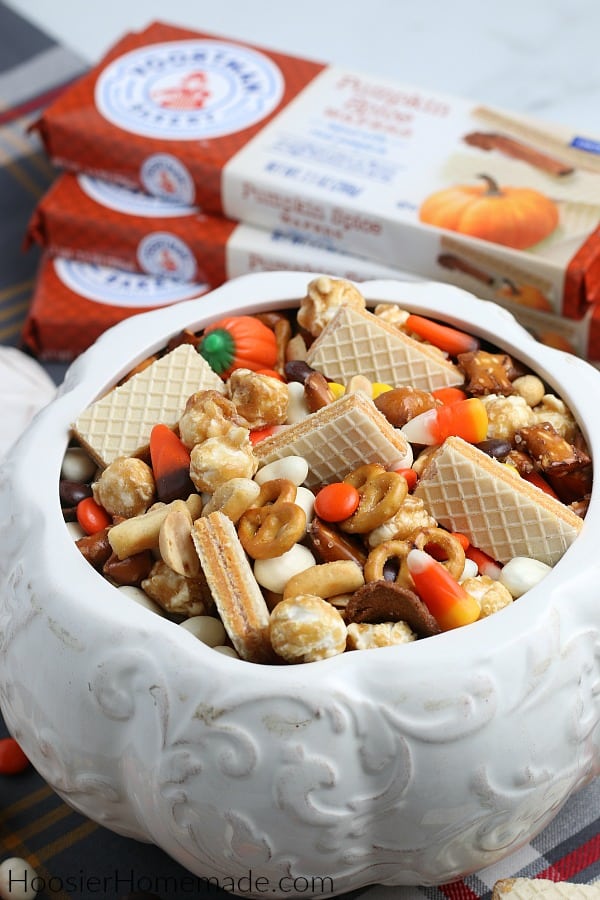 Snack Mix for Halloween in white ceramic pumpkin 