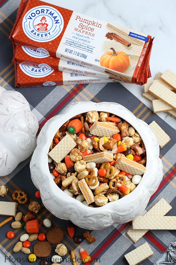 Fall snack mix in white ceramic pumpkin 