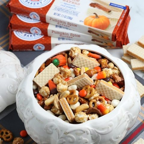 Snack Mix with Cookies in white ceramic pumpkin