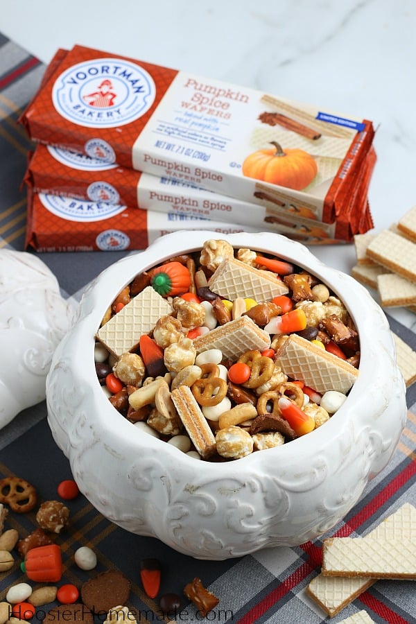 Snack Mix with Cookies in white ceramic pumpkin 