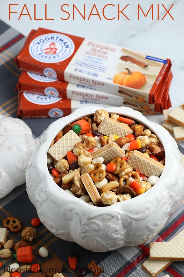 snack mix for fall in white ceramic pumpkin 