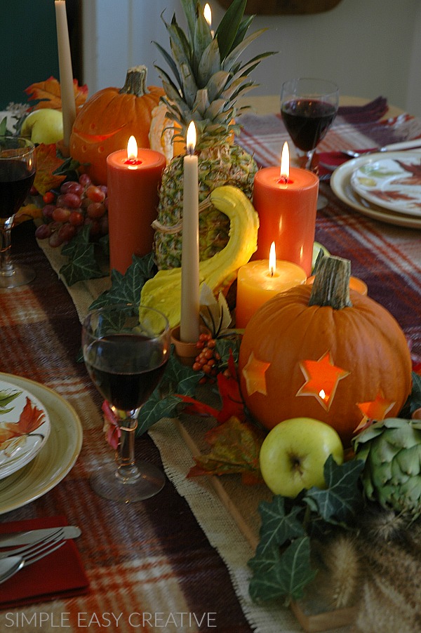 Fall Tablescape with pumpkins, gourds and candles