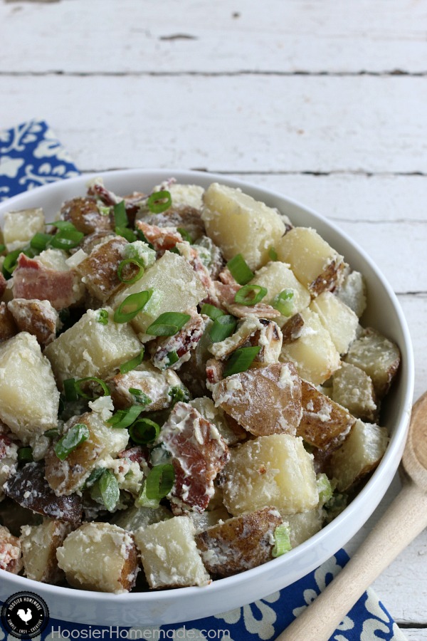 Bacon Potato Salad - change up your ordinary potato salad by grilling the potatoes, adding bacon and a light dressing for one out of the world Potato Salad Recipe! Save by pinning to your Recipe Board!