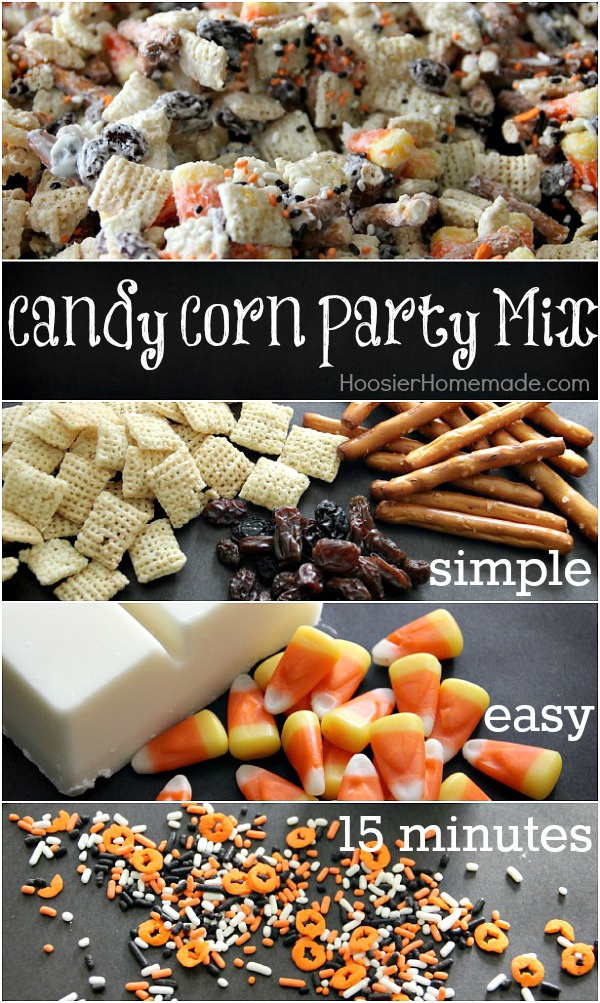 Whip up this fun Halloween Treat in about 15 minutes! Kids and adults will love this Candy Corn Party Mix! Pin it to your Halloween Board! 